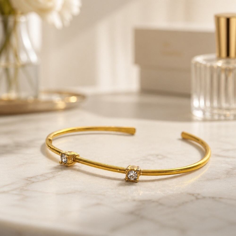 The Clara Cuff — Gold-Plated Multi-Stone Bezel Station Open Cuff Bracelet